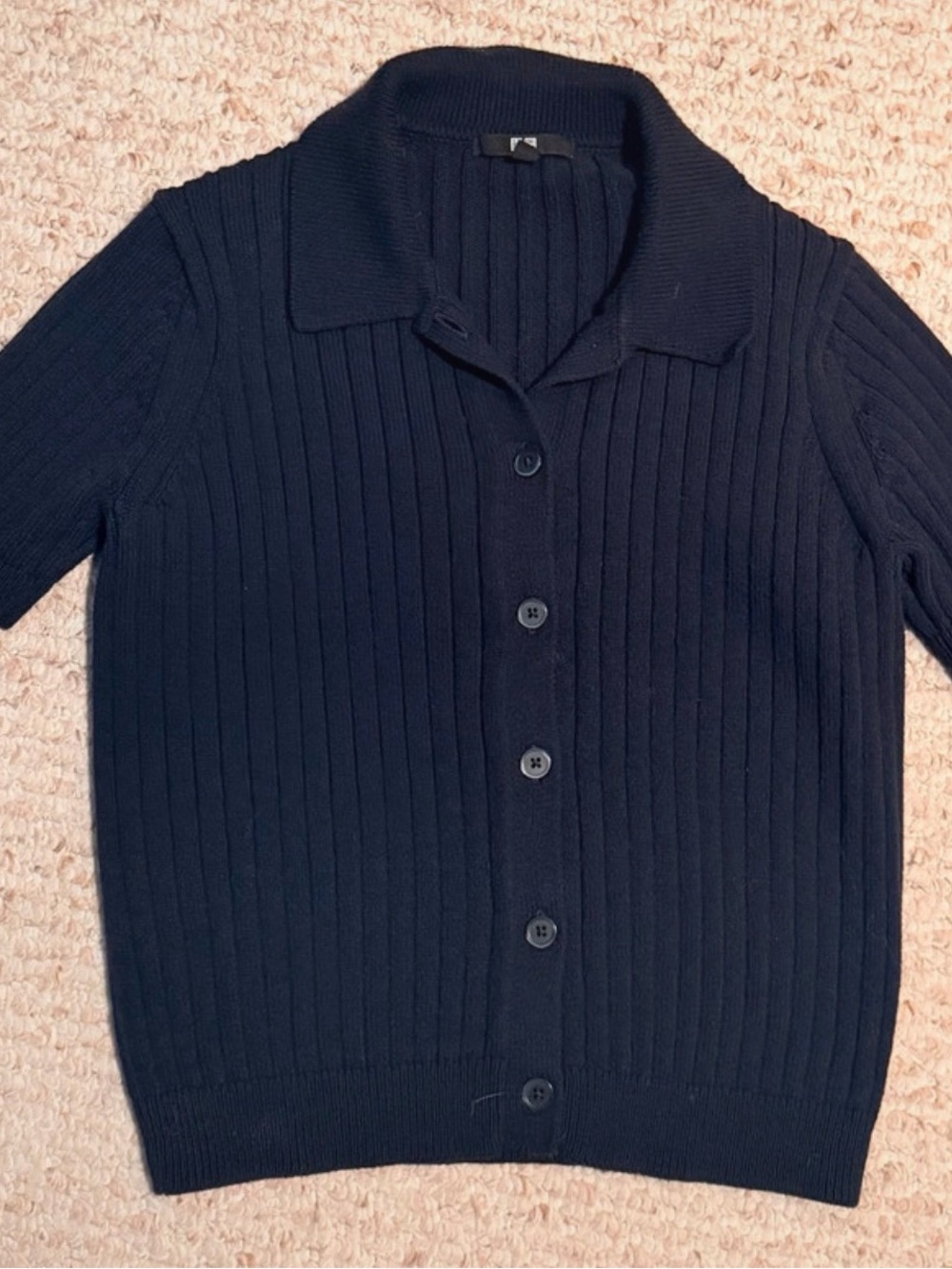 Uniqlo Navy Ribbed Button-Down Top Short Sleeve
